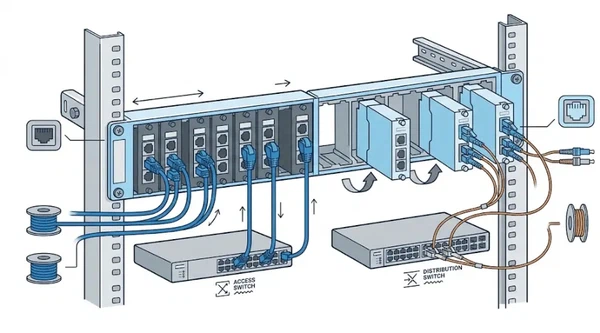Hybrid patch panel cassette system supporting copper to fiber network migration Hybrid patch panel cassette system supporting copper to fiber network migration